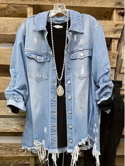 2026 New Women's Plus Size Vintage Distressed Denim Jacket, Long Sleeves, Asymmetrical Hem, Classic Neckline And Frayed Edge Details, All-season Machine Washable Casual Jacket, European And American Casual Hole Loose Top.