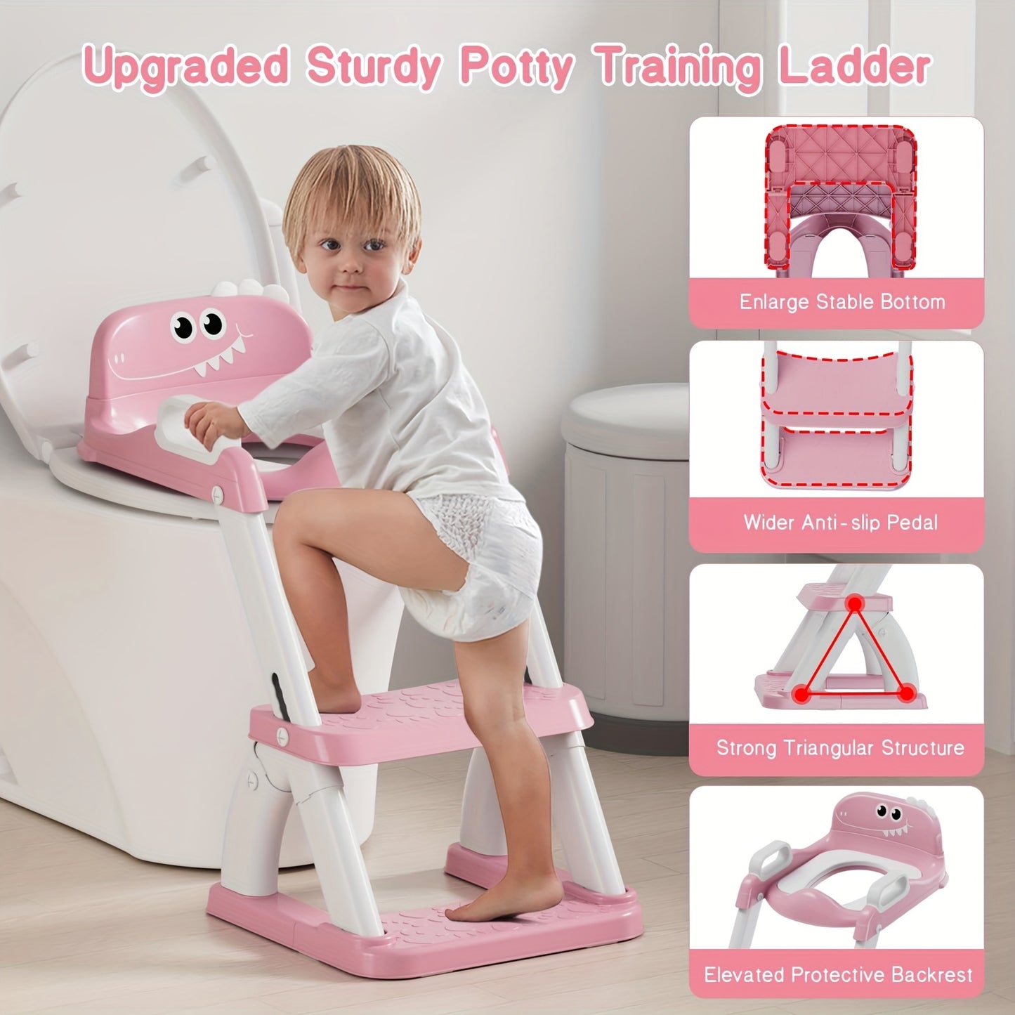 2-In-1 Potty Training Toilet Seat with Detachable Triangular Stable Base, Anti-Splash Protection, Non-Slip Mat And Step Stool - Dinosaur Pattern Color Options, Durable PVC Material for Toddlers, Potty Training Seat
