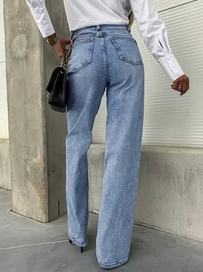 Women's Straight Leg Jeans | Machine Washable, Regular Fit, Mid Waist, Zipper Fly, Solid Color, Ideal for Weekend Casual