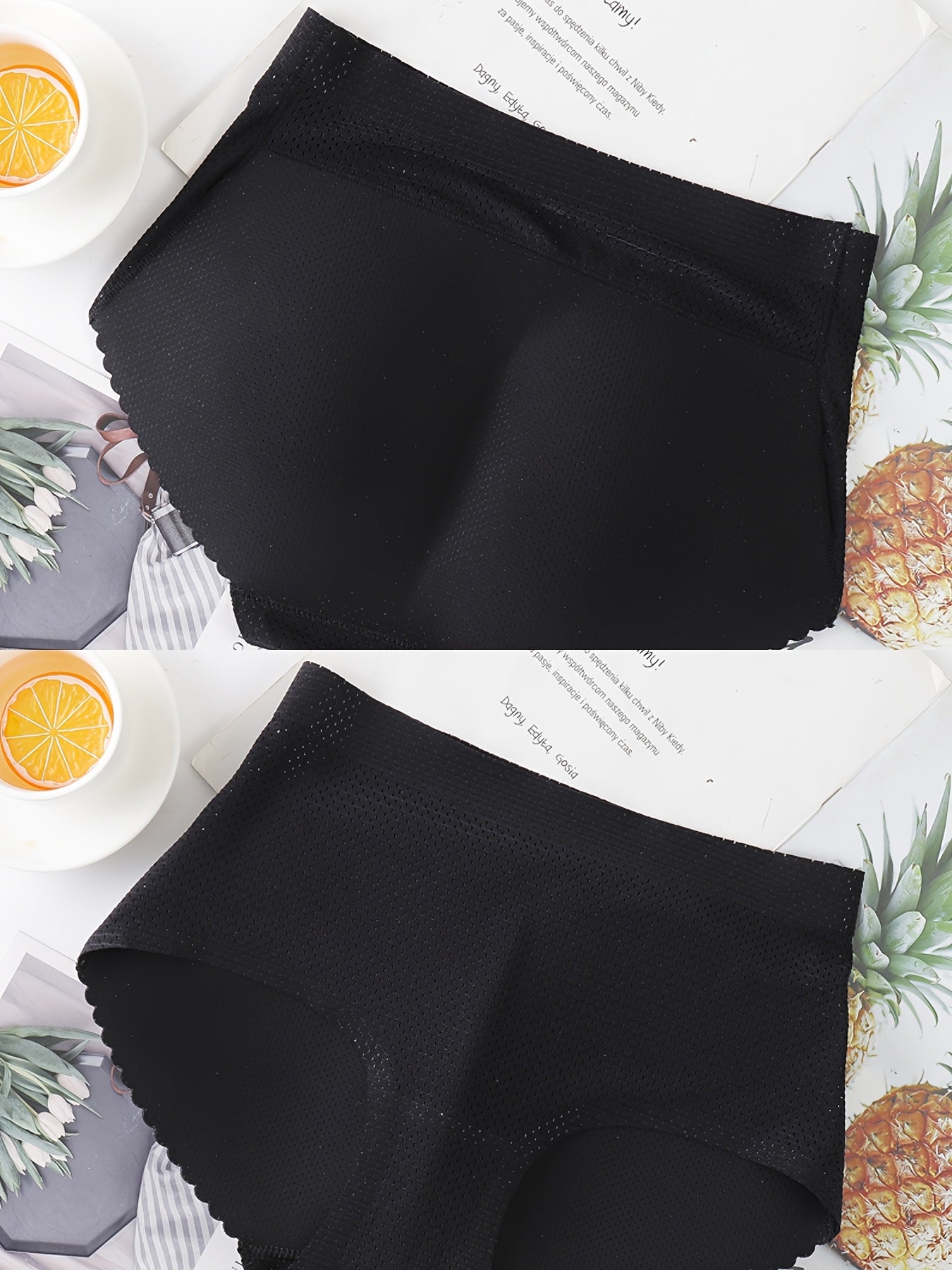 2pcs Solid Fake Butt Padded Seamless Shaping Panties with Scallop Trim, Comfy & Breathable Butt Lifting Panties, Women's Underwear & Shapewear