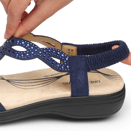 Women's Comfort Dressy Rhinestone Summer Beach Sandals Slip-on Flat Walking Orthopedic Sandals with Elastic Back Strap Soft & Cushioned Day-to-night wear Sandals