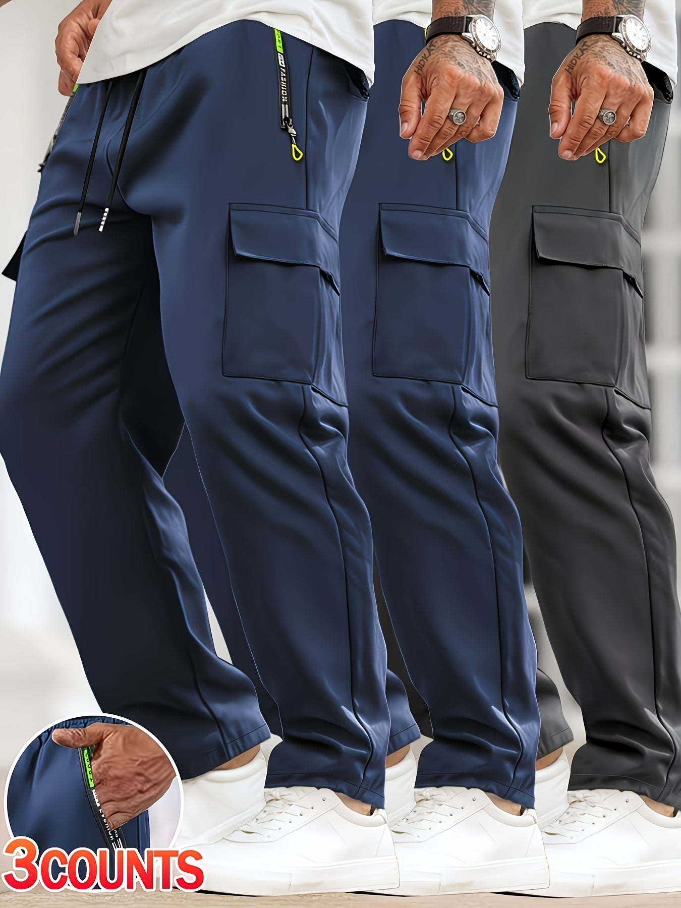 3pcs Men'S Slim Work Pants, With Drawstring Elastic Waist, Zipper Pocket And Large Patch Pocket. Comfortable And Breathable, Suitable For Outdoor And Daily Casual Wear.