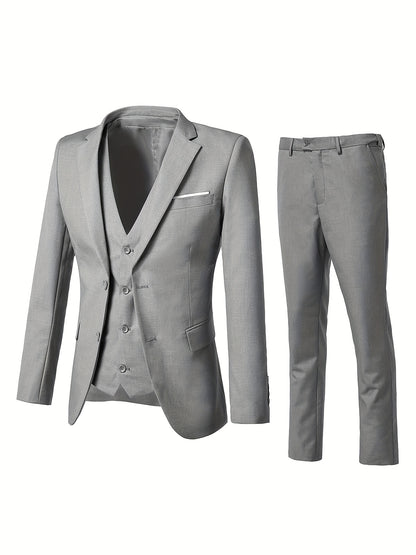 Men's Solid Color Complete 3pcs Suit Set Slim Fit Modern Tailored for Weddings Business Graduation Father's Day Gifting Express Delivery