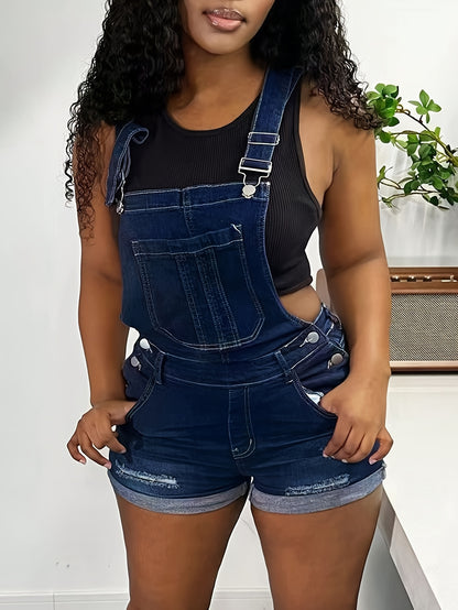 European And American Stretch Elasticated Hole Denim Shorts, One-Piece Garment, Street Style, Seamless Pants with Rolled Edges And Fringes, Adjustable Drawstring, Worn-Out Design, Fashionable And Casual Summer/Autumn Clothing