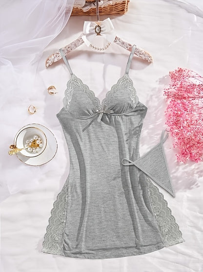 3 Women's Solid Color Lace Nightgowns, Side Split Design, Sexy Home Lace Nightgown