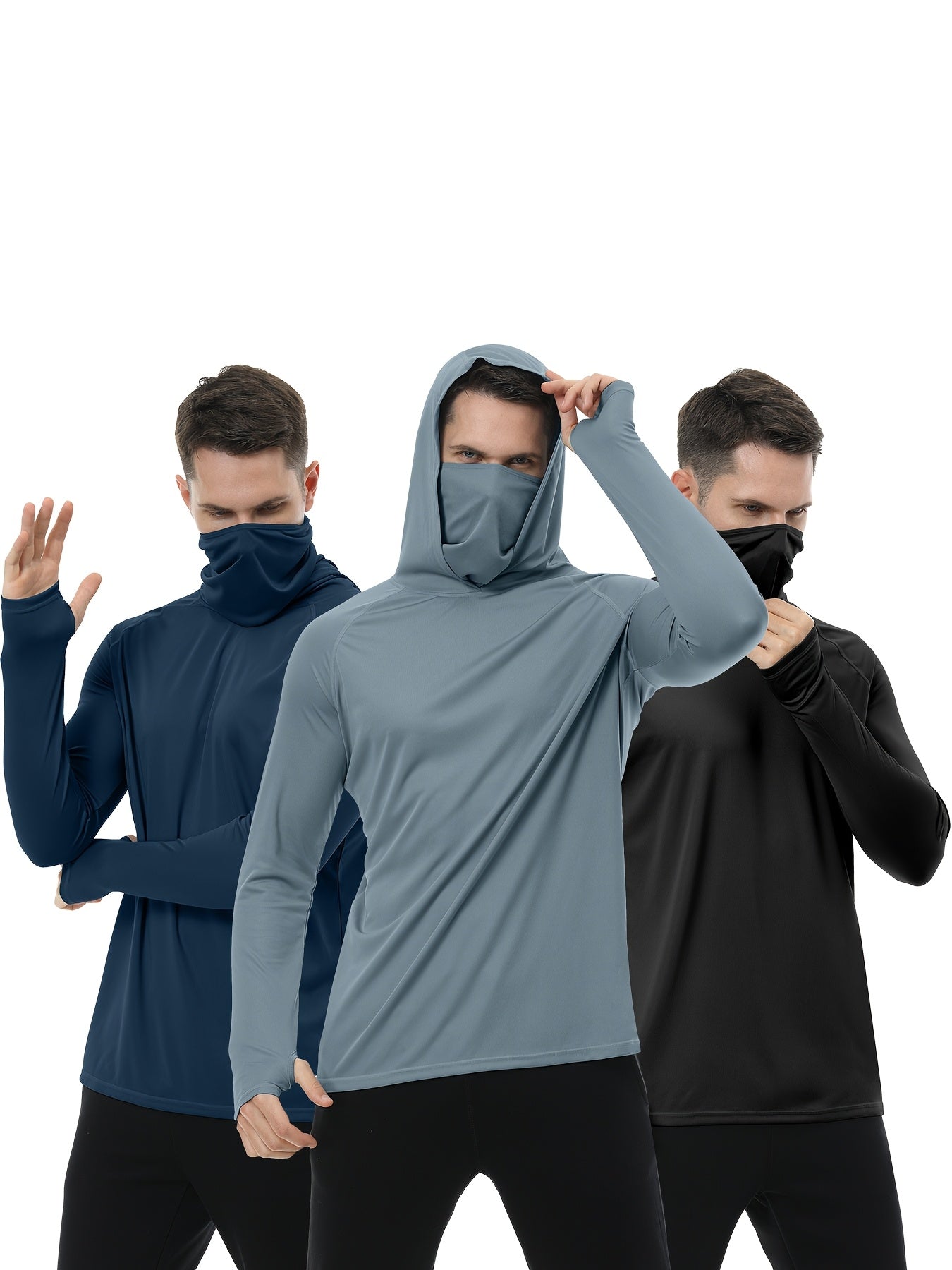 Kinglaman 3pcs Men's Fashion Hoodie Built-in Mask Trendy Lightweight, Comfortable, Quick-drying And Breathable