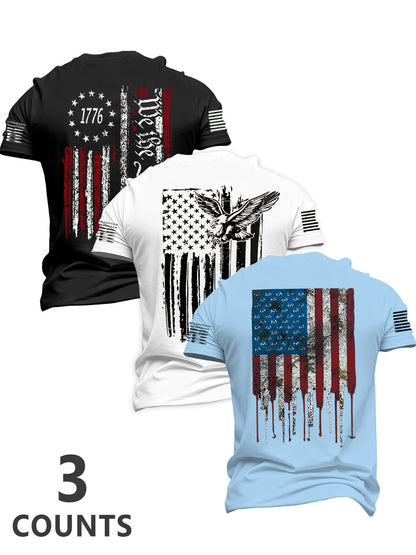 Men'S 3pcs 4Th of July American Patriotic Flag Eagle Short Sleeve T-Shirt Set, All-Black Vintage Print Design, 250 American Celebration Items-Inspired, Featuring 1776 Betsy Ross Flag, Declaration of Independence, Bald Eagle & American Flag Elements