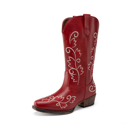 DREAM PAIRS Women's Cowboy Cowgirl Western Mid Calf Boots Square Toe Embroidered Stitched Pull On Country Boots with Low Chunky Heel