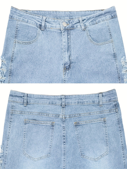 Extra Large Size Blue Jeans | High Waist Elastic Tight Hip Lifting Sexy Pencil Pants, Ripped Details, All-season, Machine Washable, Comfortable Fabric, Fashionable and Casual