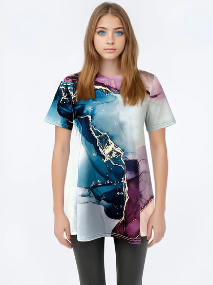 Women's Casual Short Sleeve T-Shirt - Artistic Floral Print, Relaxed Fit, Machine Washable, Spring Summer Fall Versatile Top, Casual Attire | Durable Print Shirt, Ladies T Shirts