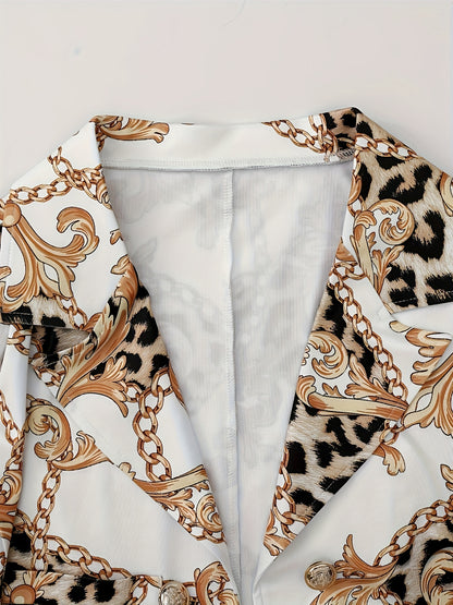 Two-Piece Lapel Blazer Set - Geometric Print, Micro Elastic, Fake Buttons, Casual Fabric Outfit for Spring/Fall - Polyester Womens Clothing