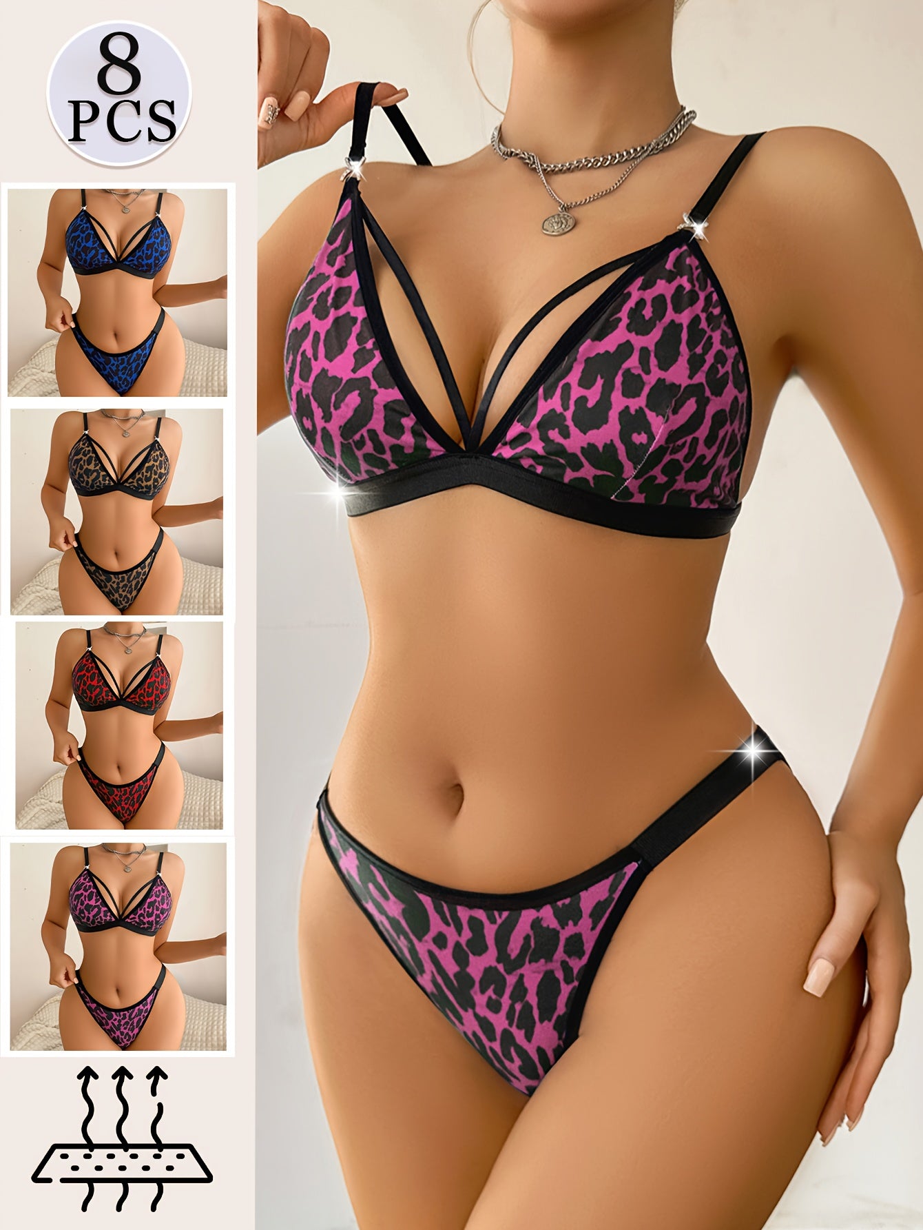 8pcs Women's Full Bra & Low-Rise Briefs Matching Set - Sexy Leopard Print Lingerie, Push-Up Bras with Non-Detachable Pads & High- Low-Rise Underwear for Casual Attire, Dates, Workouts - Full Coverage Underwear (8pcs