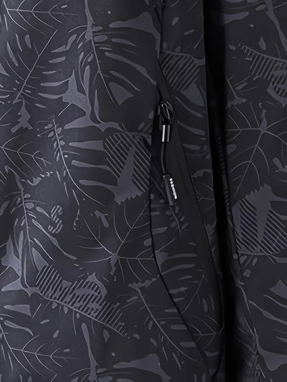 Women's Lightweight Windproof Hooded Jacket - Casual Zip-Up Outdoor Raincoat with Tropical Leaf Print, Removable Hood & Adjustable Cuffs for Spring Summer Fall,, Travel, Camping, Camping Gear, Apparel, Durable Zipper Closure