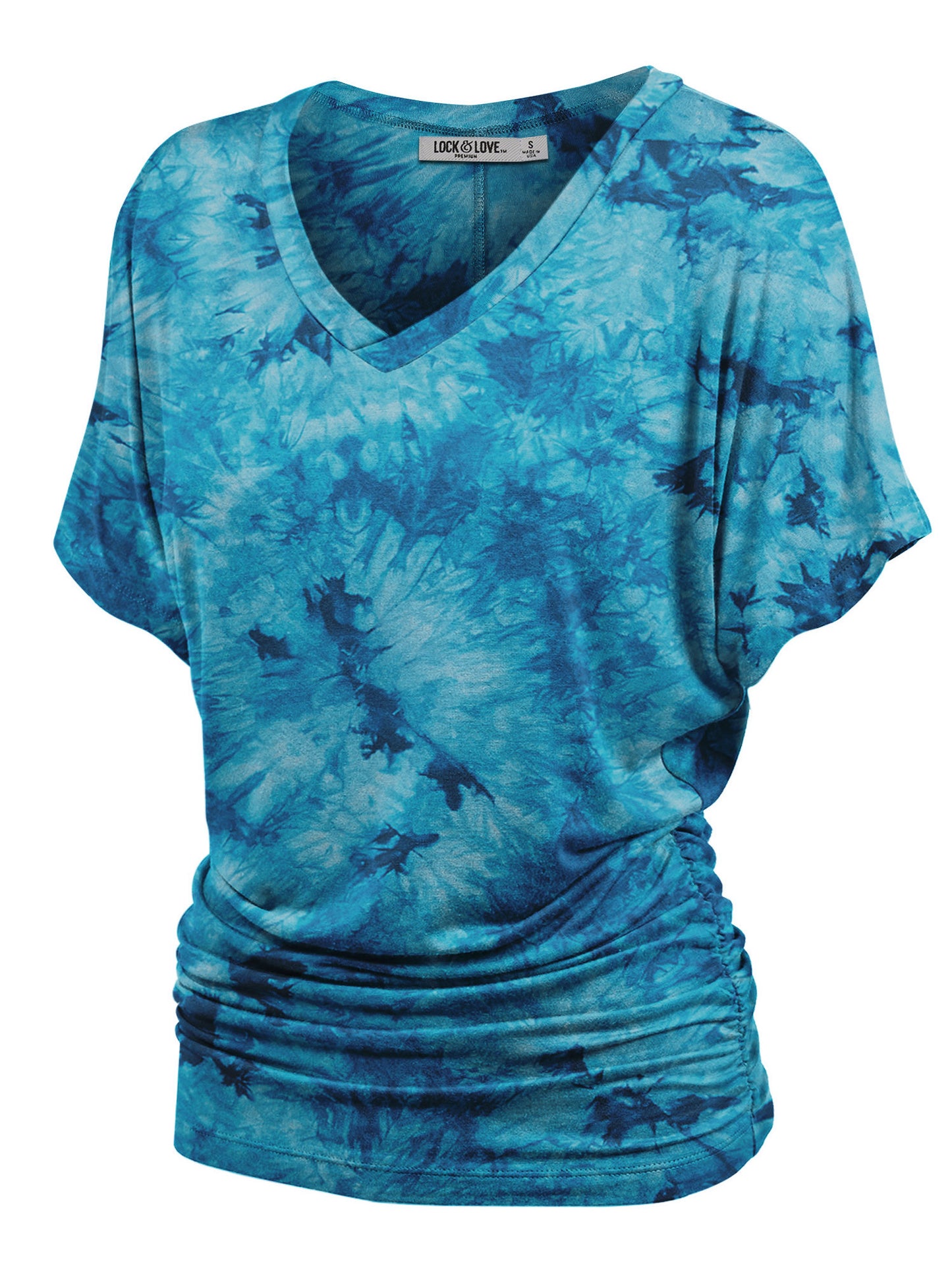 Women's Short Sleeve V Neck Tie-Dye Dolman Top w/Side Shirring