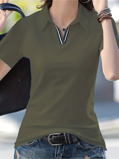 Women'S Casual V-Neck T-Shirt - Summer Short Sleeve Solid Color Top with Striped Collar & Waist Ribbon Detail, Machine Washable Regular Fit for Casual Attire, Comfortable Daily Tee, Stylish Ribon Detail, Smooth Fabric Tee