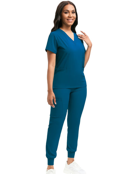 [Scrub Suit Set] Scrub Suit Set For Women Modern V-Neck Top T-Shirt & Tapered Leg Jogger Pants With Drawstring 2pcs Set Nursing Uniforms Set Suitable For Pet Hospitals, Dental Clinics, Nursing Work, Etc