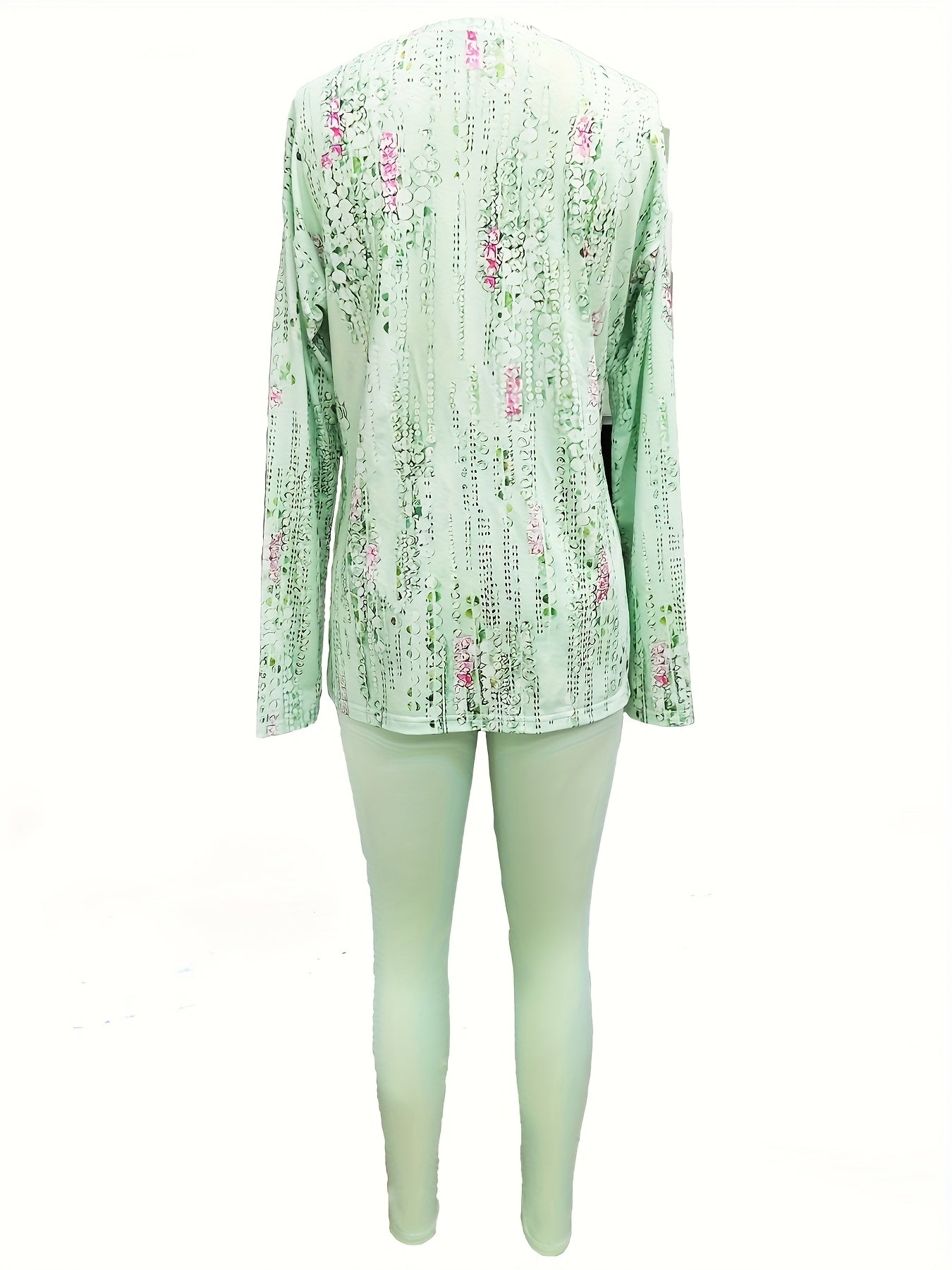 SINHOON Ladies' Attire Stylish Two-Piece Suit - Round Neck Long Sleeve Blouse with Side Slit And Printed Trousers - Ideal for Autumn And Winter Wear