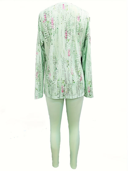 SINHOON Ladies' Attire Stylish Two-Piece Suit - Round Neck Long Sleeve Blouse with Side Slit And Printed Trousers - Ideal for Autumn And Winter Wear