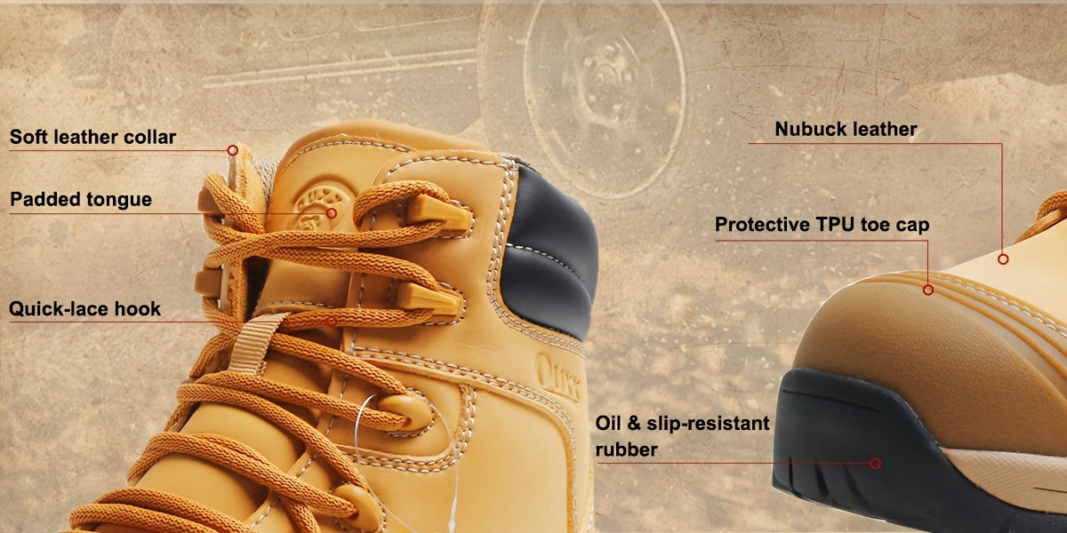 OUXX Work Boots for Men, Steel Toe YKK Zipper Non-Slip Rubber Faux Leather Shoes, Puncture-Proof