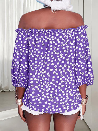 Womens Summer Off Shoulder Blouse Floral Print 3/4 Sleeve Casual Chiffon Tops Shirts