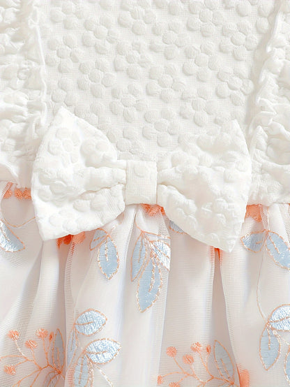 Dress for Baby Girls, Children'S Attire, Summer Princess-Style Dress with a Round Neck And Sunflower Leaf Edges, Featuring a Cute Bow Made of Net Fabric, Perfect for Parties And Valentine'S Day Presents