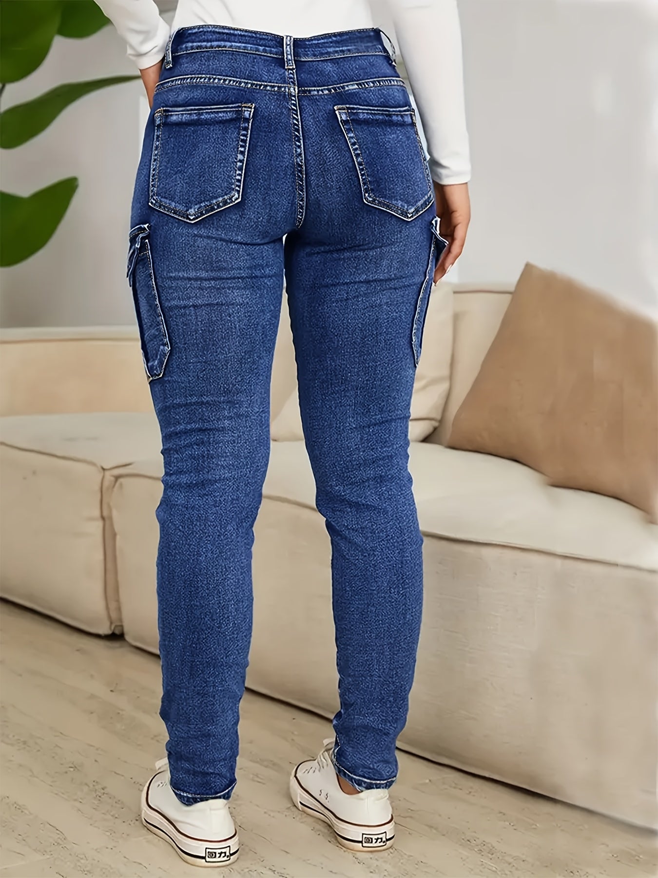 Plus Size - Women'S Plus Size High-Waist Stretchy Skinny Jeans with Pockets - Dark Blue Casual Tight Pants, Comfortable And Stylish for Casual Attire, High Waisted Jeans, Comfortable Clothing, Minimalist Design, Smooth Texture