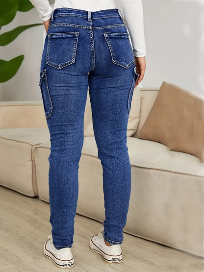 Plus Size - Women'S Plus Size High-Waist Stretchy Skinny Jeans with Pockets - Dark Blue Casual Tight Pants, Comfortable And Stylish for Casual Attire, High Waisted Jeans, Comfortable Clothing, Minimalist Design, Smooth Texture