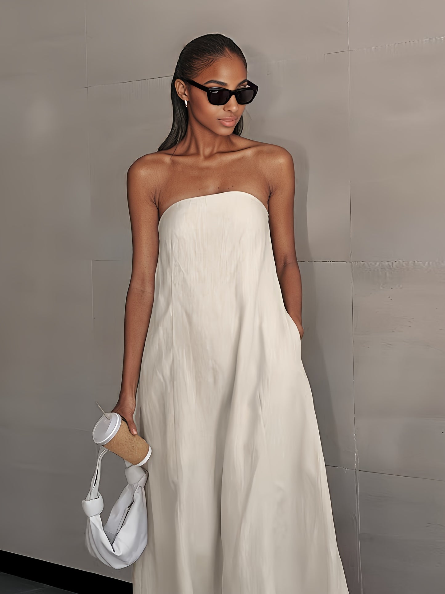 [Linen Beach Dress] Womens Linen Beach Dress Backless Sleeveless Wrap High Waist A Line Casual Summer Vacation Flowy Sundress Three Colors Light Grey Linen Beige Ivory White