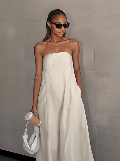 [Linen Beach Dress] Womens Linen Beach Dress Backless Sleeveless Wrap High Waist A Line Casual Summer Vacation Flowy Sundress Three Colors Light Grey Linen Beige Ivory White