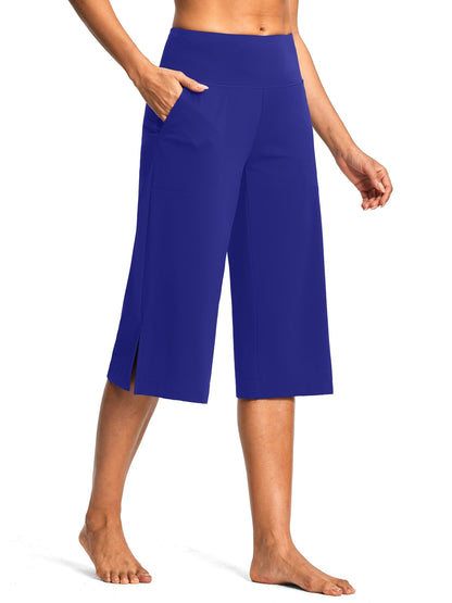 18'' Women's High-Waisted Wide Leg Yoga Capri Pants with Elastic Waist - Loose Comfortable Stretchable Soft Pants Suitable for Yoga, Workout, Casual & for Business Occasions - Spring Summer Fall Wearable with Practical Pockets (No Needed)