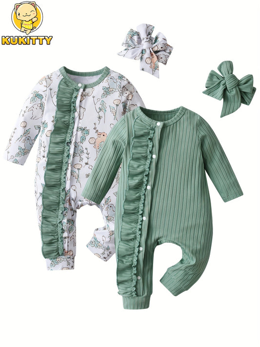 Baby Girl Animal Print Jumpsuit - Long Sleeve – Green option – main product image