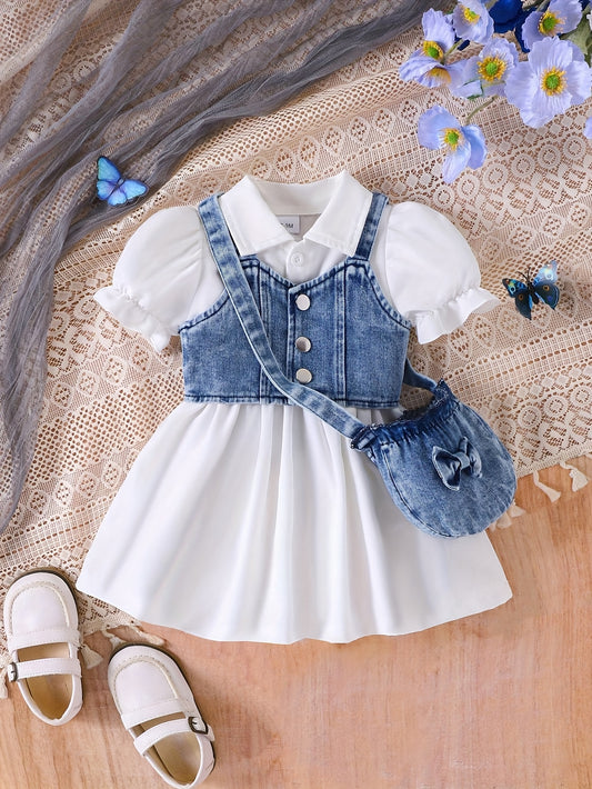 Baby Girl Denim Outfit Set - Dress Vest & Crossbody Bag – White option – main product image
