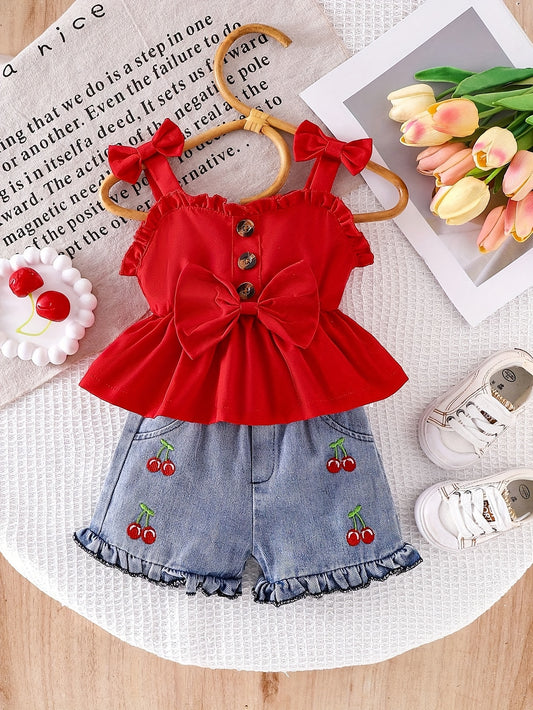 Baby Girl Denim Outfit Set - Sleeveless Summer 2405 – Red option – main product image