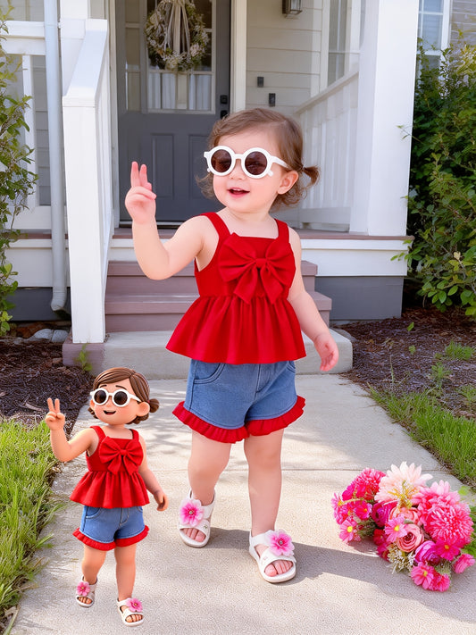 Baby Girl Denim Outfit Set - Sleeveless Summer – Red option – main product image