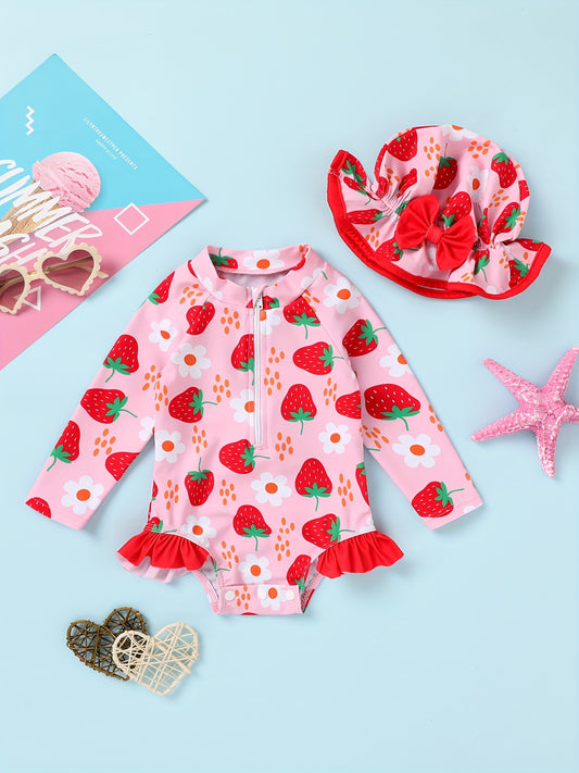 Baby Girl Long Sleeve One-Piece Swimsuit - Zipper and Matching Sun Hat Set – main product image