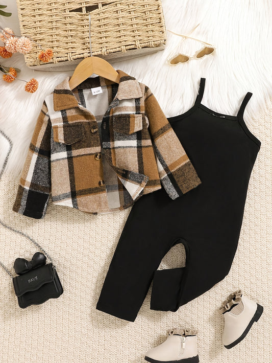 Baby Girl Plaid Outfit Set - Sleeveless Winter – Brown option – main product image