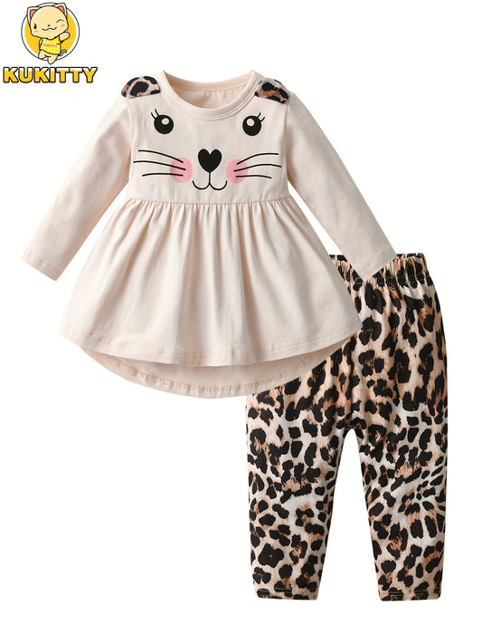 Baby Girl Two-Piece Outfit Set - Cat Print Ruffle Everyday Matching Look – Khaki option – main product image