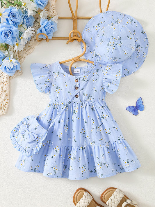 Baby Girls Outfit Set - 3-Piece Floral Ruffle – Blue option – main product image