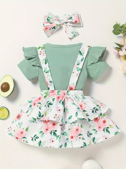 Baby Girls Outfit Set - Floral Graphic – Green – main product image