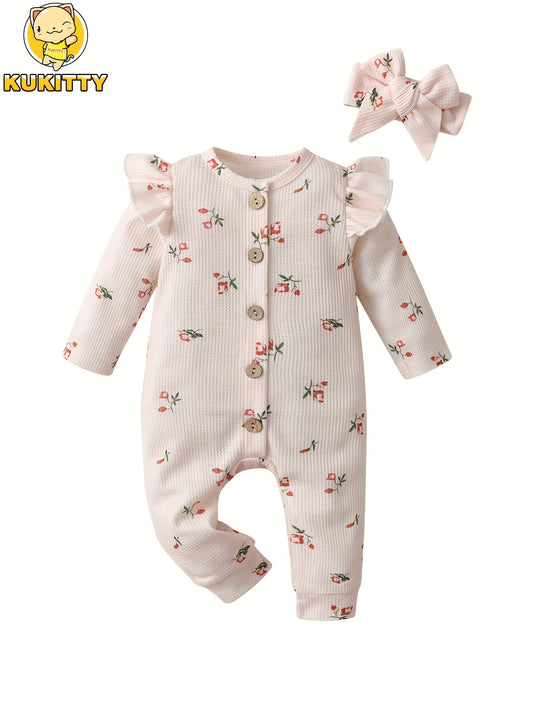 Baby Girls Outfit Set - Floral Ruffle Waffle Knit – Beige option – main product image