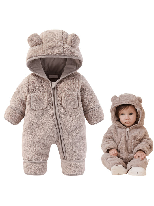 Baby Zip Romper - Warm Hooded One-Piece – Dark Brown – main product image