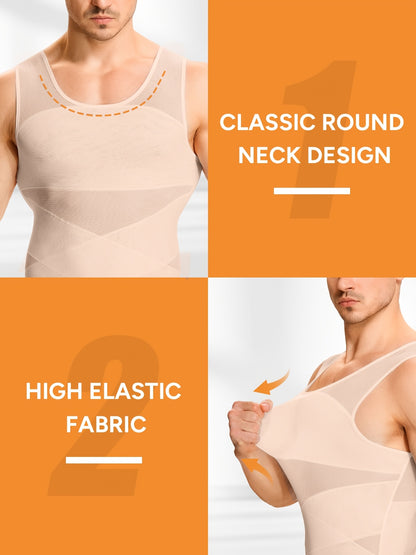 Men's High-Elasticity Compression Tank Top - Breathable Tummy Control Shirt with Semi-Sheer -Back, Tight-Fit Sleeveless Shirt Suitable for Gym, Postpartum & Body Shaping, Year-Round Wear