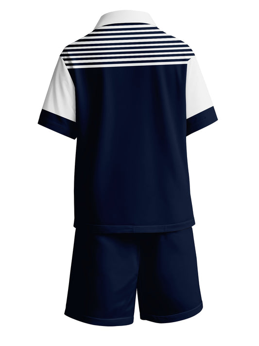 Striped Patchwork Shirt And Shorts Set Features A Color That Is-Resistant And Versatile. Shirt And Shorts Set Is Suitable Boys' Daily Sports Wear, Offering A Casual Yet Refined Look, Perfect for Outdoor