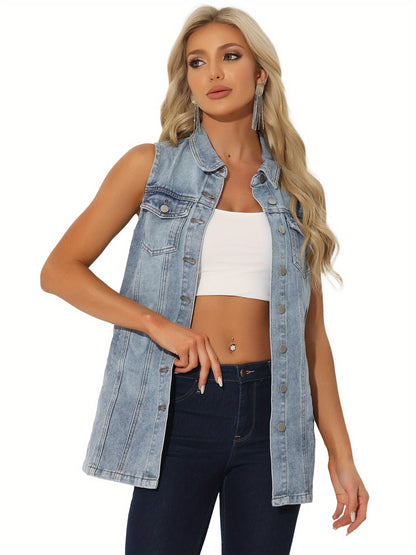 Women'S Denim Vest Sleeveless Button Waistcoat Casual Long Jean Vests