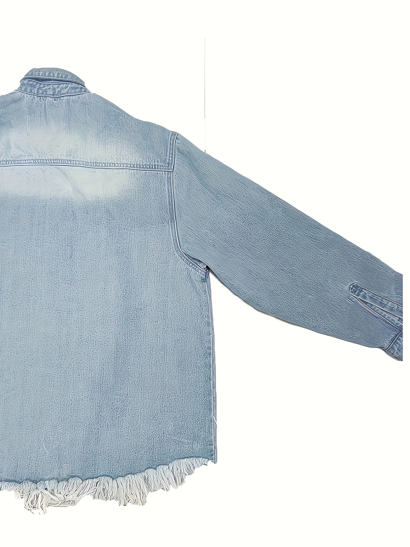 2026 New Women's Plus Size Vintage Distressed Denim Jacket, Long Sleeves, Asymmetrical Hem, Classic Neckline And Frayed Edge Details, All-season Machine Washable Casual Jacket, European And American Casual Hole Loose Top.