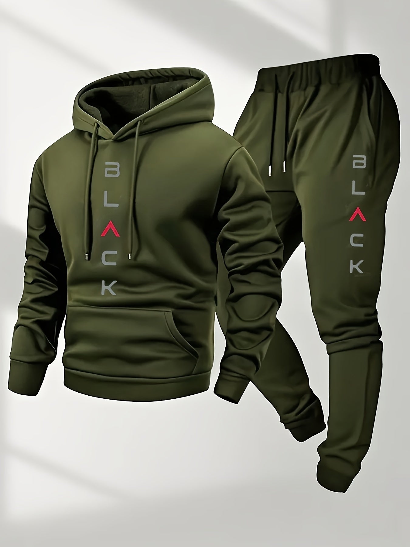 Men's Complete Outfit- Stylish Hooded Sweatshirt& Joggers Set with "BLACK" Print, Gray Casual Streetwear, Long Pants, and Matching Hoodie, Perfect for Fall/Winter, Cozy Clothing| Sporty Look| Nonstretch Fabric