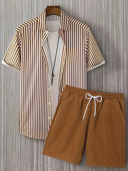 2pcs Men'S Casual Summer Outfit Set, Striped Short Sleeve Button Up Lapel Shirt Top & Solid Drawstring Shorts With Pockets For Casual Daily Wear And Holiday Resorts