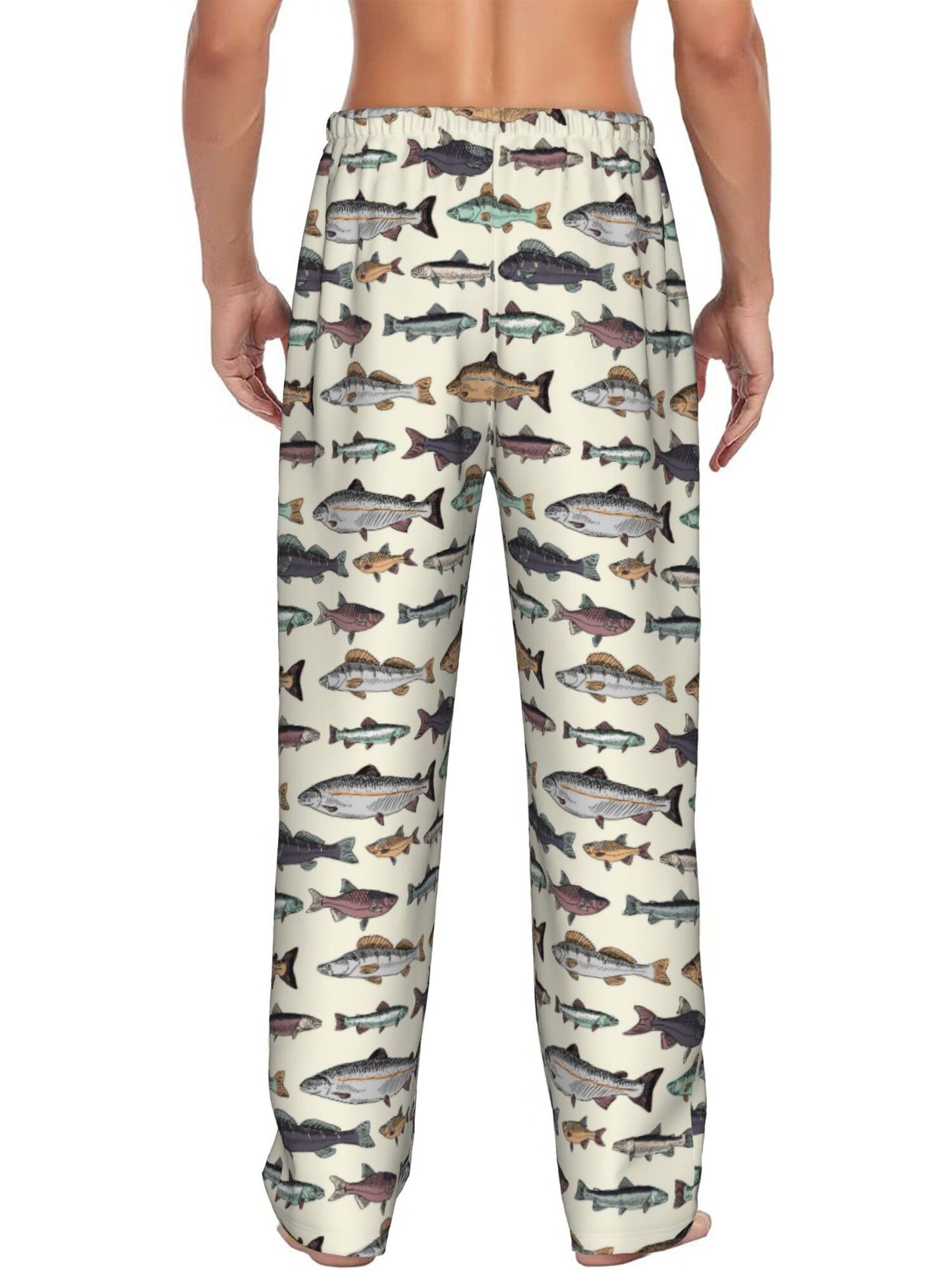 Different Species of Fish Pattern Mens Fleece Pajama Pants, Warm Lounge Pj Bottoms for Men with Pockets Soft
