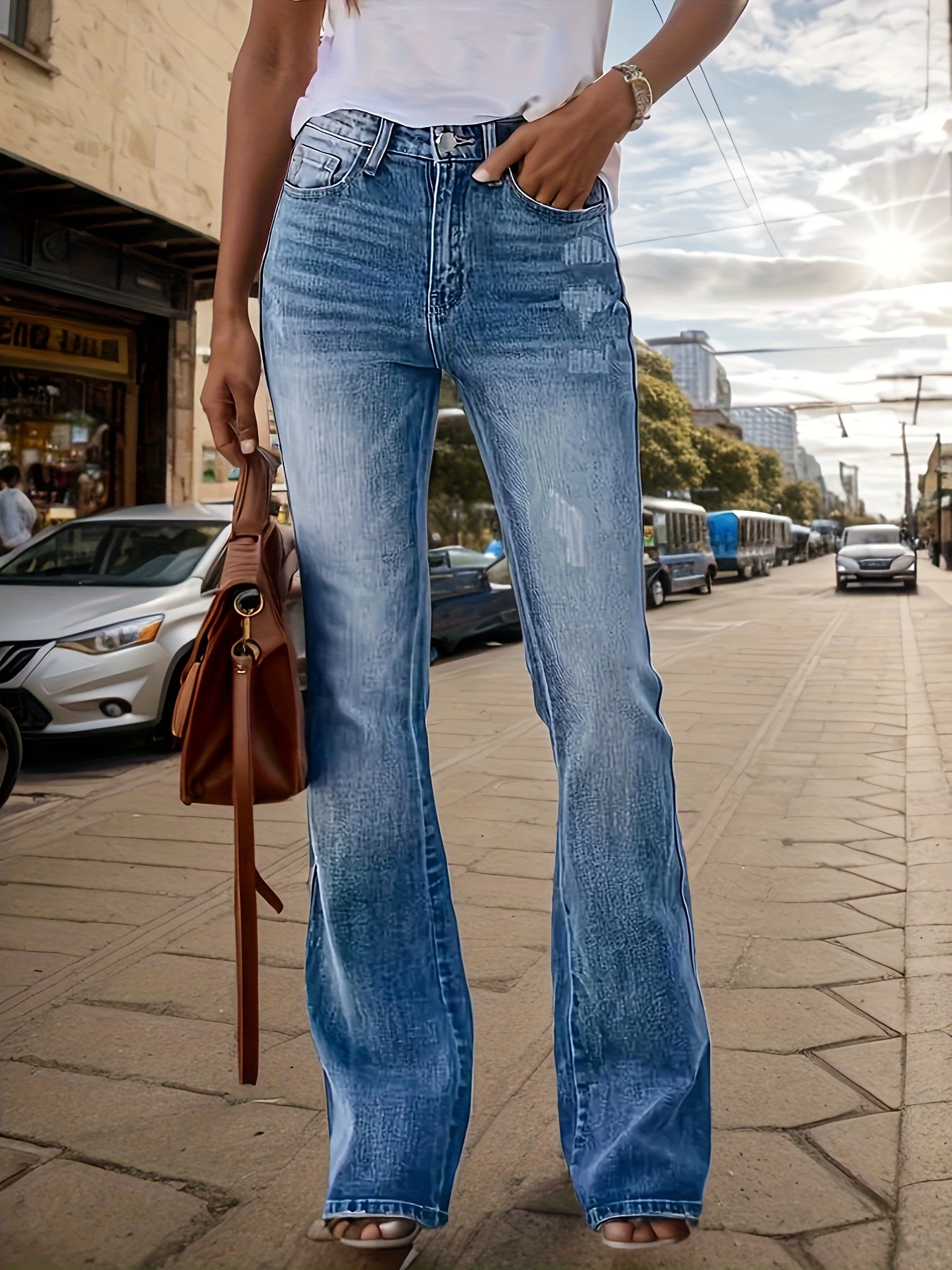 Bright Steel Blue Denim High-Waist Jeans - product view 4