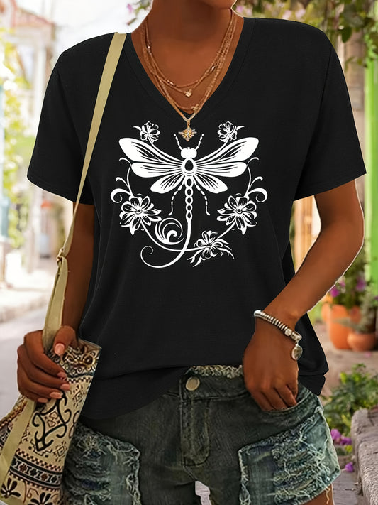 "Dragonfly" Print Pattern T-shirt, Short-sleeved V-neck Casual Top, Suitable for Summer and Spring, Women's Wear, a Great Gift for Friends and Family on Holidays